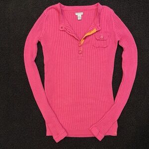 Y2K American Eagle Outfitters Hot Pink & Orange Ribbed Henley Sweater Pocket M